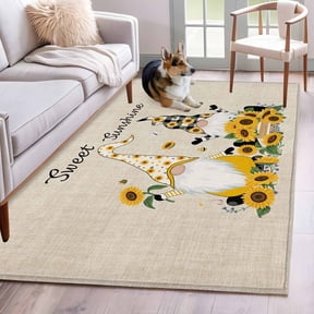 Sunflower Gnome Area Rugs 3x5 ft Sweet Sunshine Yellow Flower Farm Plant Retro Washable Rug Non Slip Indoor Carpet Absorbent Floor Mat for Living Room Bedroom Dining Room