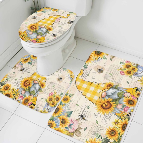 Sunflower Gnome Bathroom Rugs Set Country Yellow Sunflower Floral Leaf Bee Bright Letter Texture Non Slip Absorbent Bath Mats 3 Piece Set, U-Shaped Floor Mat, Toilet Seat Cover Small Size