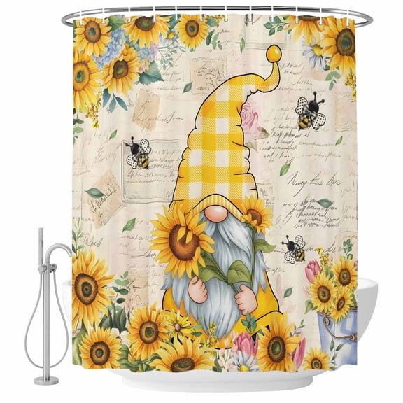 Sunflower Gnome Bathroom Shower Curtains with Hooks, Country Yellow Sunflower Floral Leaf Bee Bright Letter Texture Waterproof Fabric Washable Shower Curtain for Home Hotel Bathtub Decor 72x84 Inch