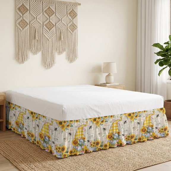 Sunflower Gnome Bed Skirt King Size 16 Inch Drop, Country Yellow Sunflower Floral Leaf Bee Bright Letter Texture Wrap Around Dust Ruffle Bedskirt with Adjustable Elastic Belt for King Size Beds