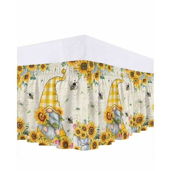 Sunflower Gnome Bed Skirt Queen Size 16 Inch Drop, Bee Yellow Flower Leaf Spring Plant Farm Adjustable Elastic Dust Ruffles Bedskirt for Queen Bed Wrap Around Pleated Mattress Frame Cover