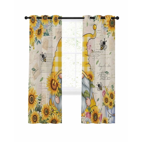 Sunflower Gnome Blackout Curtains 45 Inch Length Country Yellow Sunflower Floral Leaf Bee Bright Letter Texture Thermal Insulated Window Curtain Window Drapes 2 Panels for Living Room 52"Wx45"L
