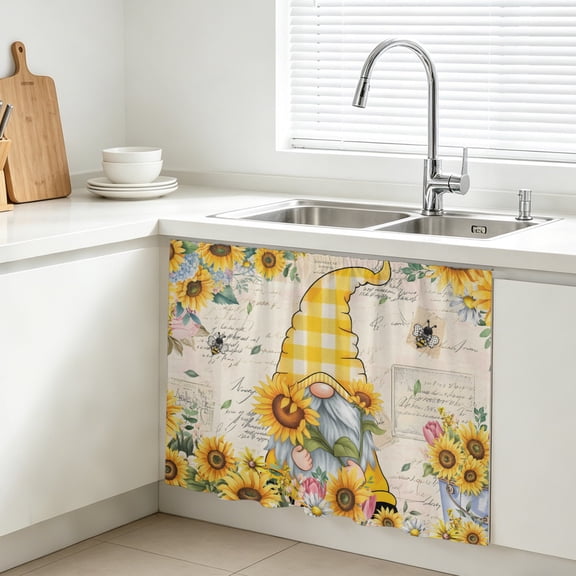Sunflower Gnome Cabinet Curtain, Country Yellow Sunflower Floral Leaf Bee Bright Letter Texture Sink Skirt for Bathroom, Under Sink shelf Curtain Privacy Drape for Kitchen Laundry Room 10x11in