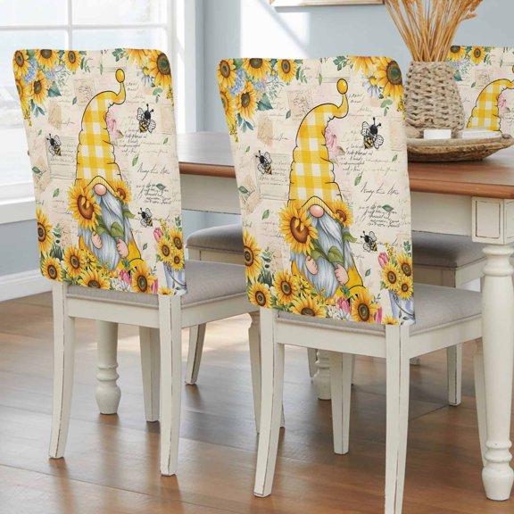 Sunflower Gnome Chair Back Covers Set of 1, Country Yellow Sunflower Floral Leaf Bee Bright Letter Texture Removable Dining Seat Cover Kitchen Chair Slipcovers Protective for Party Decoration 19x20in