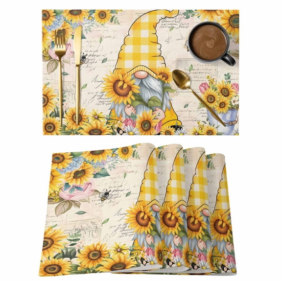 Sunflower Gnome Cotton Linen Placemats Set of 1, Country Yellow Sunflower Floral Leaf Bee Bright Letter Texture Washable Table Place Mats Heat Insulating Placemat for Dining Room Kitchen 13 x 19 Inch