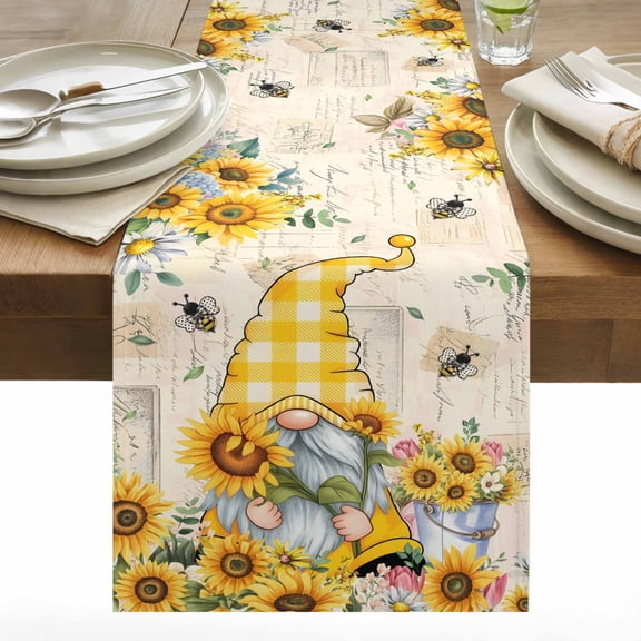 Sunflower Gnome Cotton Linen Table Runner Country Yellow Sunflower Floral Leaf Bee Bright Letter Texture Dining Table Runners for Home Decor Party Dining Room Restaurant Kitchen 13" x 36"