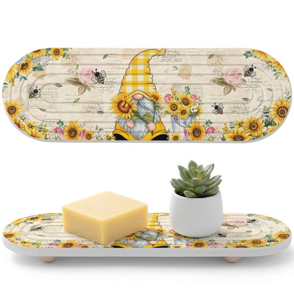 Sunflower Gnome Diatomaceous Earth Coasters, Country Yellow Sunflower Floral Leaf Bee Bright Letter Texture Water Absorbent Diatomite Coaster, Bathroom Tray Stone Kitchen Sink Tray 12x4in
