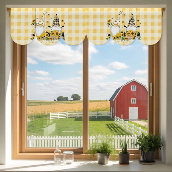Sunflower Gnome Door Banner Hello Summer Flower Farm Plant Yellow Plaid Small Scalloped Hanging Banner for Door, Hanging Flag Backdrop Decoration for Wall Window Party 3pcs, 8 x 12 Inch