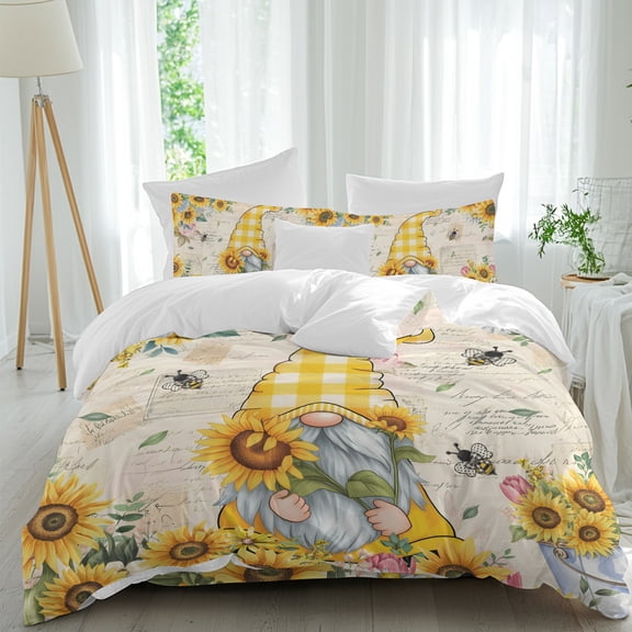 Sunflower Gnome Duvet Cover Set Cal King Size, Country Yellow Sunflower Floral Leaf Bee Bright Letter Texture 4 Piece Microfiber Bedding Set, 1 Comforter Cover, 1 Flat Sheet, 2 Pillowcases