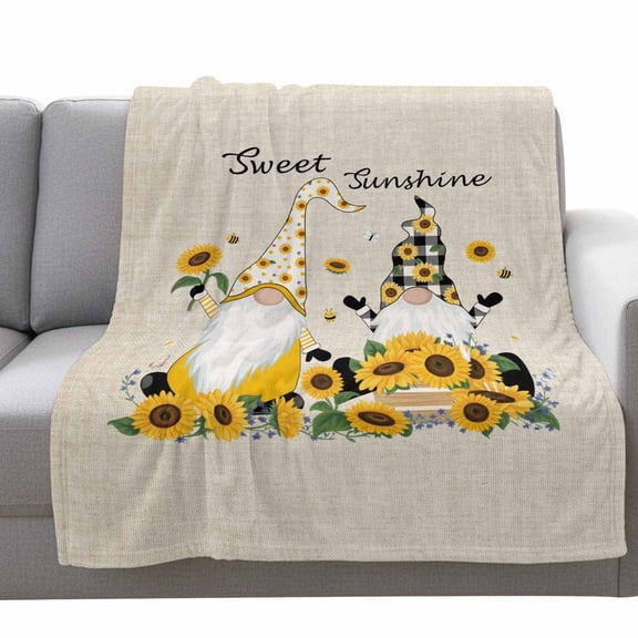 Sunflower Gnome Fleece Throw Blanket Lightweight Sweet Sunshine Yellow Flower Farm Plant Retro Fuzzy Flannel Throws Super Soft Cozy Flannel Blanket for Couch, Sofa, Bed, Travel 40"x50"