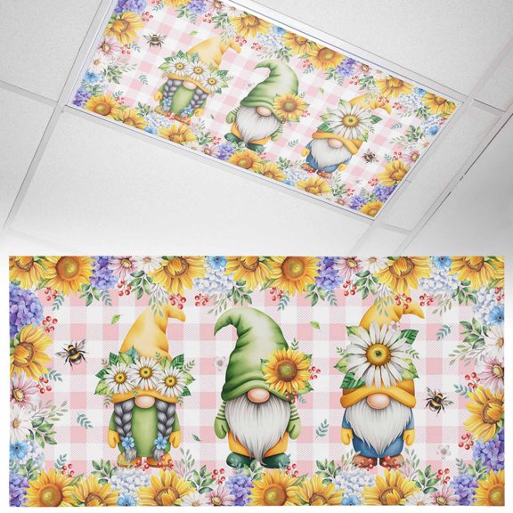 Sunflower Gnome Fluorescent Light Covers Vintage Yellow Bee Sunflower Purple Hydrangea White Daisy Pink Grain Magnetic Light Filters Ceiling Lighting Panel Shade for Classroom Office 2 x 4 ft, 1 Pack