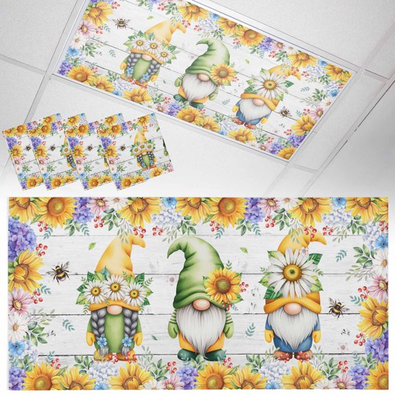 Sunflower Gnome Fluorescent Light Covers Vintage Yellow Bee Sunflower Purple Hydrangea White Daisy Wood Grain Magnetic Light Filters Ceiling Lighting Panel Shade for Classroom Office 2 x 4 ft, 4 Pack