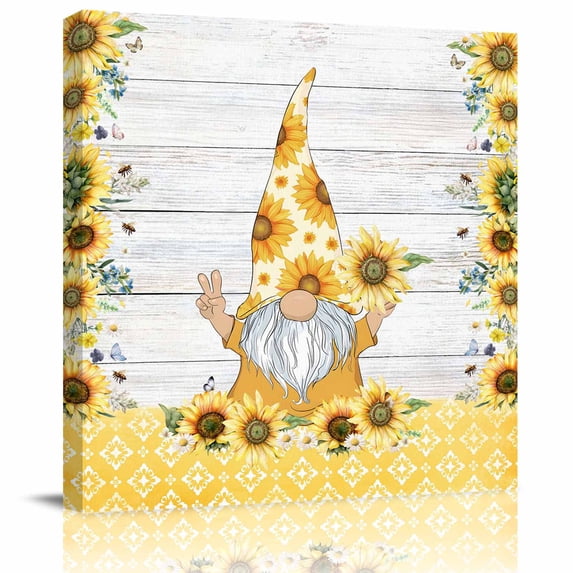 Sunflower Gnome Framed Canvas Wall Art, Country Yellow Floral Plaid White Wood Grain Wall Art Painting for Living Room Bedroom Home Decor, 16”x16”, Office Artwork Print