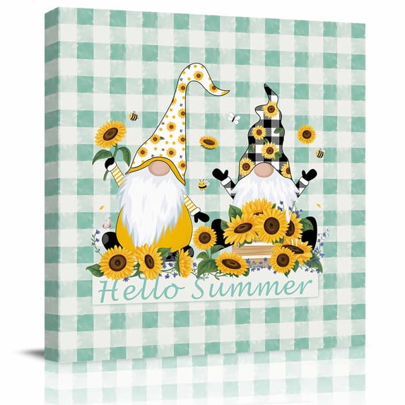 Sunflower Gnome Framed Canvas Wall Art, Hello Summer Yellow Flower Farm Plant Green Plaid Wall Art Painting for Living Room Bedroom Home Decor, 28”x28”, Office Artwork Print