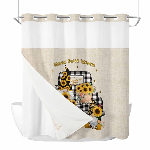 Sunflower Gnome No Hook Shower Curtain with Snap in Liner Summer Black Plaid Truck Linen Vintage Waterproof Bathroom Shower Curtain with See Through Top Window for Bathtub 72" x 78"