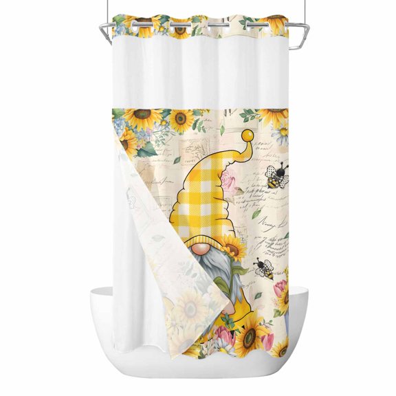 Sunflower Gnome No Hooks Shower Curtain with Snap-in Liner Country Yellow Sunflower Floral Leaf Bee Bright Letter Texture Shower Curtains for Bathroom, Waterproof, Easy Install, Washable 36"x72"
