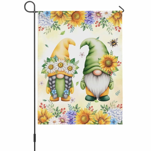 Sunflower Gnome House Flags For Outdoor, Vintage Yellow Bee Sunflower Purple Hydrangea White Daisy Small Double Side Yard Flags Weather Proof House Decor for Lawn Outside Holiday 28 x 40 Inches