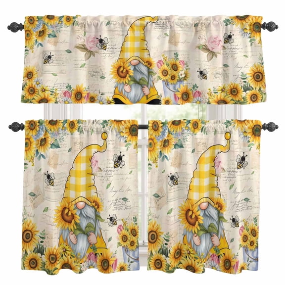 Sunflower Gnome Kitchen Curtains Valance and Tier Set Country Yellow Sunflower Floral Leaf Bee Bright Letter Texture Short Curtains for Small Window 3 Pieces Set for Bedroom (54" x 18"+27" x 24")