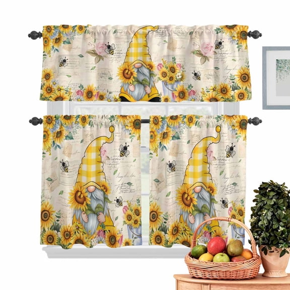 Sunflower Gnome Kitchen Curtains Valances 3 Piece Set, Country Yellow Sunflower Floral Leaf Bee Bright Letter Texture Rod Pocket Tier Curtain & Valance Drapes for Small Window 24 Inch Length for Home