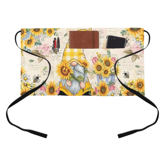 Sunflower Gnome Kitchen Restaurant Half Waist Apron, Country Yellow Sunflower Floral Leaf Bee Bright Letter Texture Server Short Apron with 3 Pockets Waterproof Oil Waist Aprons for Women Waiter