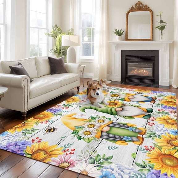 Sunflower Gnome Large Area Rugs 8x10 ft Vintage Yellow Bee Sunflower Purple Hydrangea White Daisy Wood Grain Washable Rug Non Slip Indoor Absorbent Floor Mat for Living Room Bedroom Dining Room