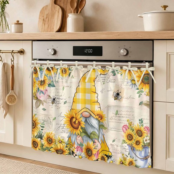 Sunflower Gnome Oven Skirt Curtain, Country Yellow Sunflower Floral Leaf Bee Bright Letter Texture Tie Top Tier Curtains Stove Dishwasher Skirt Small Window Drapes for Kitchen Bathroom Cafe 27"x20"
