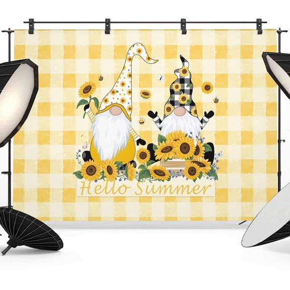 Sunflower Gnome Photography Backdrop 7x5FT, Hello Summer Flower Farm Plant Yellow Plaid Photo Backdrops, Background for Photography Studio Photo Studio Background, Back Drop for Photoshoot