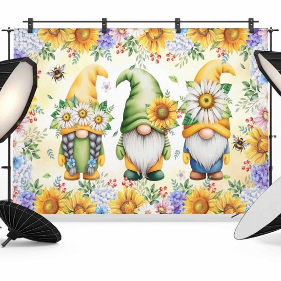 Sunflower Gnome Photography Backdrop 7x5FT, Vintage Yellow Bee Sunflower Purple Hydrangea White Daisy Photo Backdrops, Background for Photography Studio, Back Drop for Photoshoot