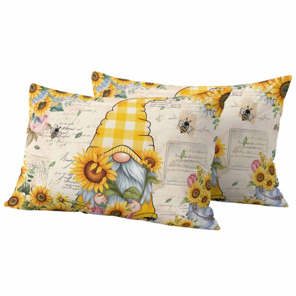 Sunflower Gnome Pillow Covers 2 Pack Country Yellow Sunflower Floral Leaf Bee Bright Letter Texture Pillowcase Waterproof Outdoor Throw Pillow Cover for Patio Balcony Rectangular Cushion 20”x12”