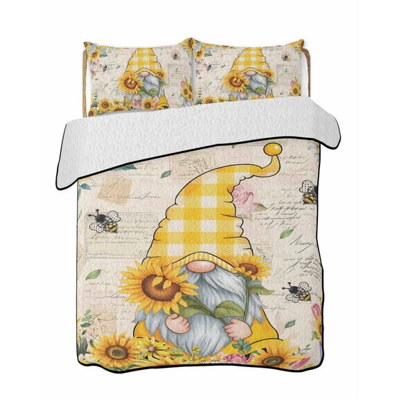 Sunflower Gnome Quilts Bedding Set California King Country Yellow Sunflower Floral Leaf Bee Bright Letter Texture Quilted Bedspread 3 Piece Bed Quilt with 2 Pillow Shams for Bedroom 96" x 106"