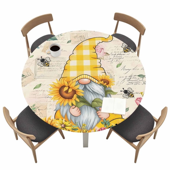 Sunflower Gnome Round Fitted Tablecloth Country Yellow Sunflower Floral Leaf Bee Bright Letter Texture Waterproof Elastic Stretch Table Cover for 45"-54" Round Table, Tablecloth for Picnic Dinner