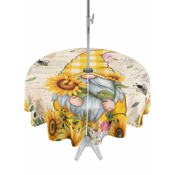 Sunflower Gnome Round Outdoor Tablecloth with Umbrella Hole Country Yellow Sunflower Floral Leaf Bee Bright Letter Texture 54 Inch Round Waterproof Table Cover Zippered Table Cloth for Garden Patio