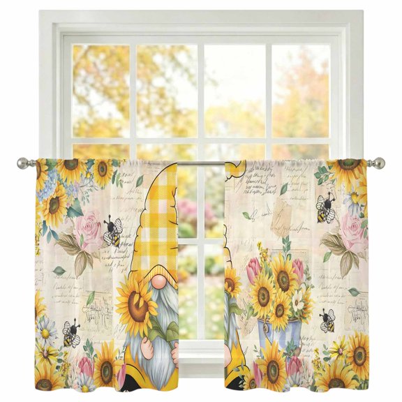 Sunflower Gnome Sheer Curtains 45 inches Long, Country Yellow Sunflower Floral Leaf Bee Bright Letter Texture Light Filtering Sheer Window Curtains Voile Drapes for Bedroom Living Room, 2 Panels