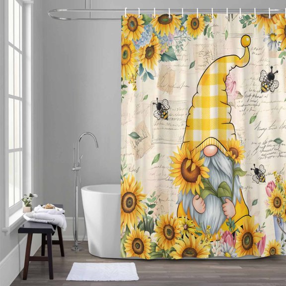 Sunflower Gnome Shower Curtain for Bathroom Decor, Country Yellow Sunflower Floral Leaf Bee Bright Letter Texture Waterproof Fabric Shower Curtain, 36"x72" Set with 12 Hooks