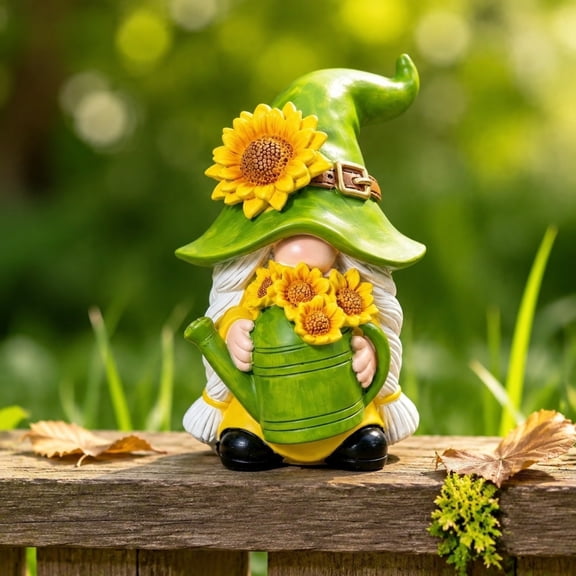 Sunflower Gnome Statue, Watering Can Resin Figurine, Rustic Garden Pot Decor for Patio Tabletop, Farmhouse Dwarf Sculpture, Whimsical Yard Art & Bosain Container​