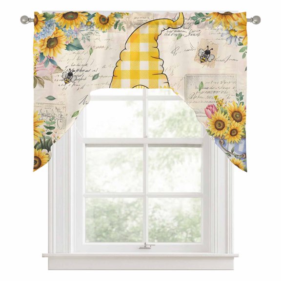 Sunflower Gnome Swag Curtain Valance for Windows, Country Yellow Sunflower Floral Leaf Bee Bright Letter Texture Swag Curtains Drapes Rod Pocket for Kitchen Bathroom Small Window, 1 Panel 56x36in