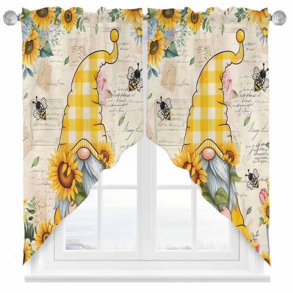 Sunflower Gnome Swag Kitchen Curtain Valances, Yellow Sunflower Floral Leaf Bee Bright Letter Texture Rod Pocket Curtains Window Treatment Decor Valances for Bedroom Bathroom, 2 Panels 36x63 In