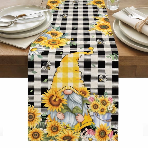 Sunflower Gnome Table Runner 13 x 36 Inch, Yellow Flower Bee Spring Plant Buffalo Plaid Washable Cotton Linen Dining Table Runner Tabletop Decorations for Restaurant Home Kitchen Party