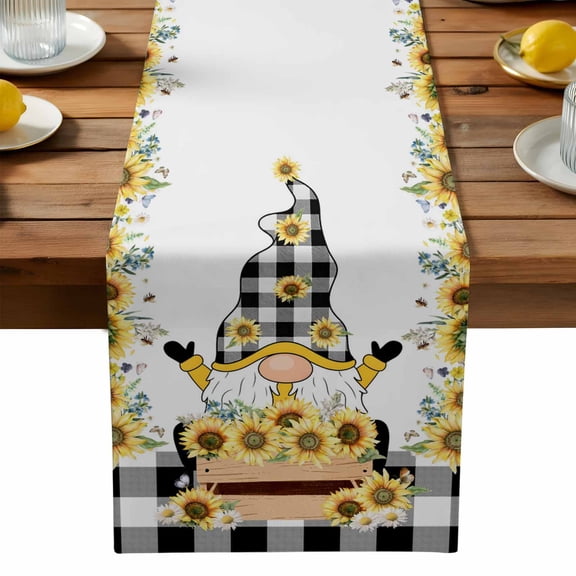 Sunflower Gnome Table Runner, Summer Countryside Black Buffalo Plaid Washable Kitchen Table Runners Dress Scarves for Dining Table Decorations Party, 13x36in