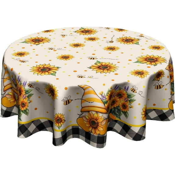 Sunflower Gnome Tablecloth Round 60 Inch Bee Floral Tabletop Decoration Washable Wrinkle Resistant Table Cover for Holiday Picnic Dinner