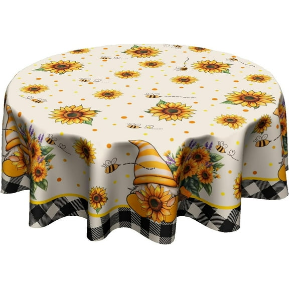 Sunflower Gnome Tablecloth Round 60 Inch Bee Floral Tabletop Decoration Washable Wrinkle Resistant Table Cover for Holiday Picnic Dinner
