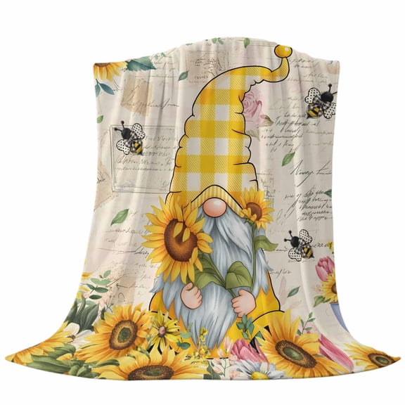 Sunflower Gnome Throw Flannel Blanket Country Yellow Sunflower Floral Leaf Bee Bright Letter Texture Super Soft Cozy Bed Blanket, Lightweight Plush Fuzzy Bed Throw for Bedroom Sofa Couch 30x40in