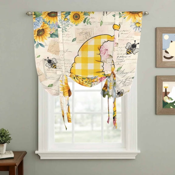 Sunflower Gnome Tie Up Curtain 45 Inches Long, Country Yellow Sunflower Floral Leaf Bee Bright Letter Texture Balloon Style Kitchen Window Curtain Over Sink, Small Window Rod Pocket Curtain 34"x45"