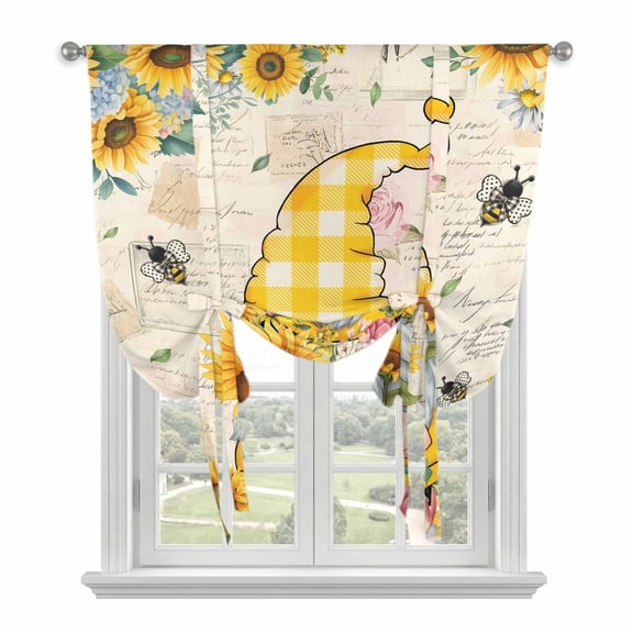 Sunflower Gnome Tie Up Curtain for Window, Country Yellow Sunflower Floral Leaf Bee Bright Letter Texture Adjustable Tie Up Balloon Curtain Valances Window Treatment for Kitchen Bedroom 34"x45"
