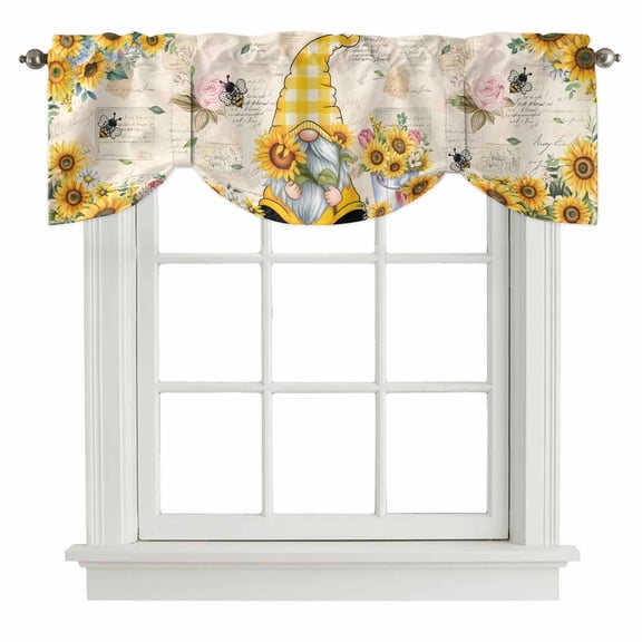 Sunflower Gnome Tie Up Valance Curtains Country Yellow Sunflower Floral Leaf Bee Bright Letter Texture Adjustable Light Filtering Tie Up Valance Small Window Shade for Kitchen Bedroom 42" W x 12" L