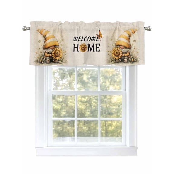 Sunflower Gnome Valances for Windows, Rod Pocket Kitchen Valance Curtains - Soft & Washable Small Window Treatment for Living Room, Bathroom, Watercolor Summer , 42x12 Inch, 1 Panel