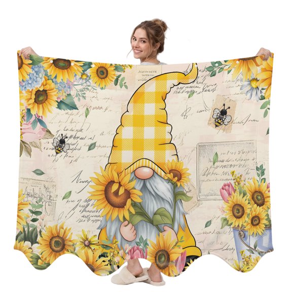 Sunflower Gnome Wearable Blanket, Country Yellow Sunflower Floral Leaf Bee Bright Letter Texture Plush Cozy Flannel Oversized Adult Throw Body Wearable Blankets with Pocket for Women Men 58x64in