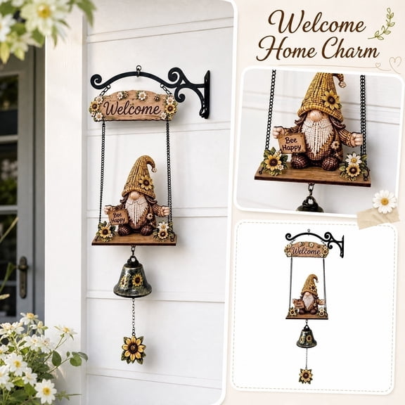 Sunflower Gnome Welcome Doorbell, Outdoor Porch Garden Wall Decor with Wind Chime Bell, Rustic Farmhouse Accent (1 Count)