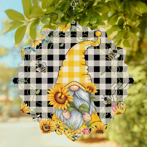 Sunflower Gnome Wind Spinner for Garden Yard 12In, Yellow Flower Bee Spring Plant Buffalo Plaid 3D Stainless Steel Kinetic Hanging Wind Spinners Rustproof Outdoor Decor for Lawn Patio Home