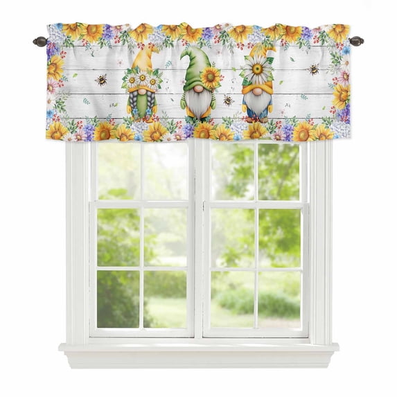 Sunflower Gnome Window Valance for Kiten, Yellow Bee Sunflower Purple Hydrangea White Daisy Wood Grain Rod Pocket Short Curtain for Small Windows, Light Filtering Decorative Valance, 56 x 16 In